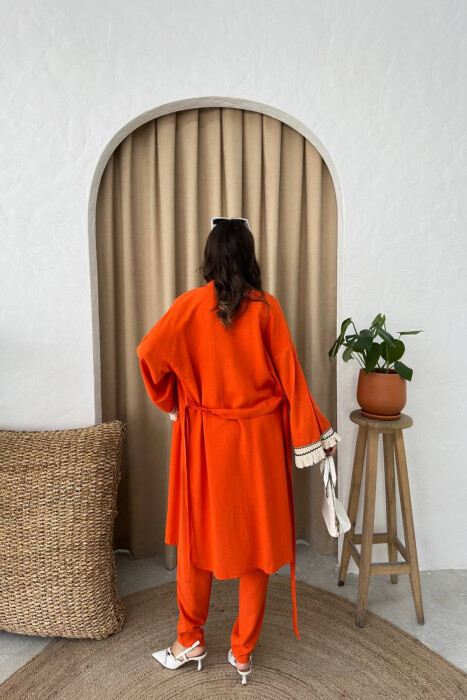 BELT DETAIL CARDIGAN + ELASTIC WAIST WOMAN TWO PIECE SET ORANGE/PORTOKALLI - 2
