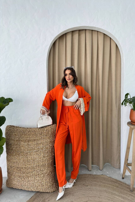 BELT DETAIL CARDIGAN + ELASTIC WAIST WOMAN TWO PIECE SET ORANGE/PORTOKALLI - 4