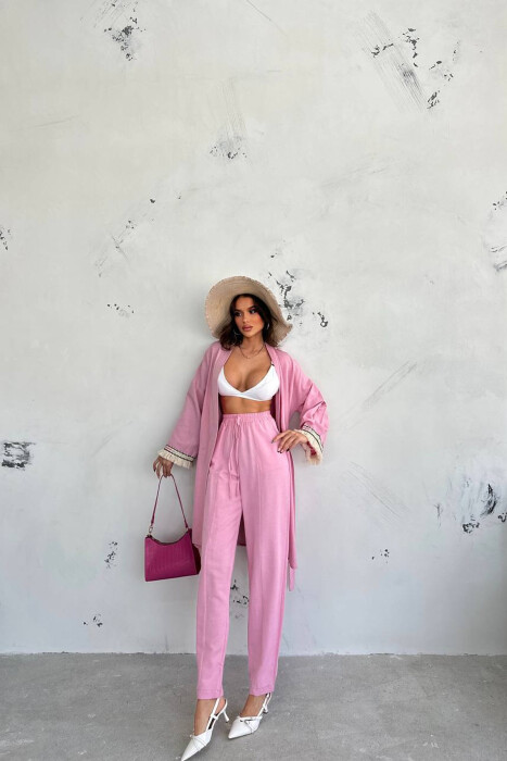 BELT DETAIL CARDIGAN + ELASTIC WAIST WOMAN TWO PIECE SET PINK/ROZE - 1
