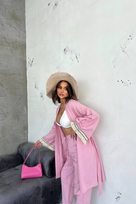 BELT DETAIL CARDIGAN + ELASTIC WAIST WOMAN TWO PIECE SET PINK/ROZE - 3