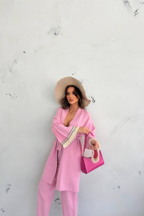 BELT DETAIL CARDIGAN + ELASTIC WAIST WOMAN TWO PIECE SET PINK/ROZE - 4