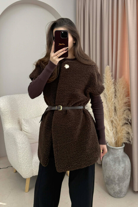 BELT DETAIL FLUFFY WOMEN CAPE COAT DARK BROWN/KAE - 7