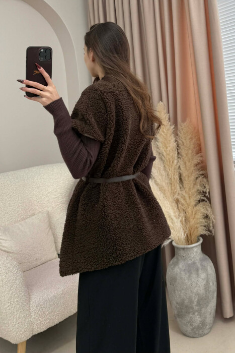 BELT DETAIL FLUFFY WOMEN CAPE COAT DARK BROWN/KAE - 8