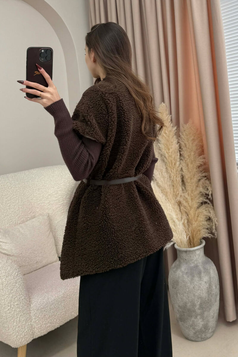 BELT DETAIL FLUFFY WOMEN CAPE COAT DARK BROWN/KAE - 8