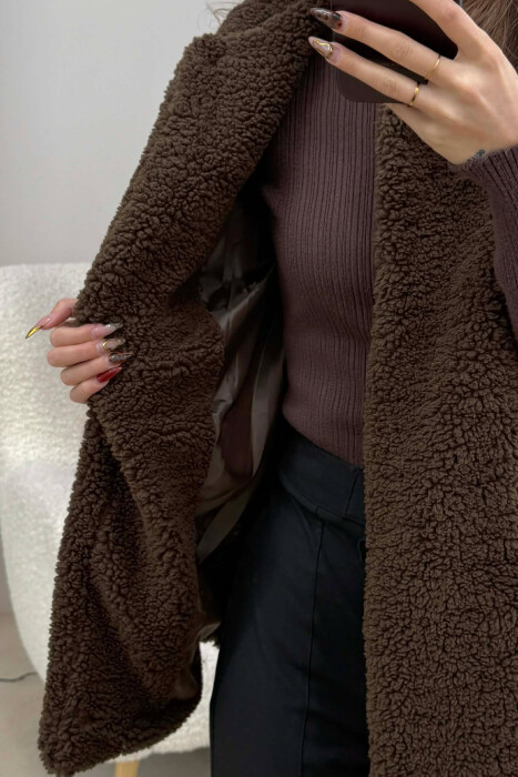 BELT DETAIL FLUFFY WOMEN CAPE COAT DARK BROWN/KAE - 9