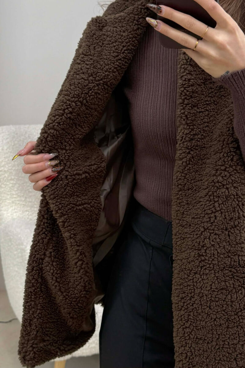 BELT DETAIL FLUFFY WOMEN CAPE COAT DARK BROWN/KAE - 9