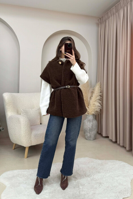 BELT DETAIL FLUFFY WOMEN CAPE COAT DARK BROWN/KAE - 2