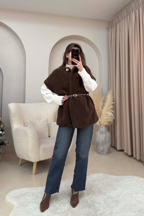 BELT DETAIL FLUFFY WOMEN CAPE COAT DARK BROWN/KAE - 3