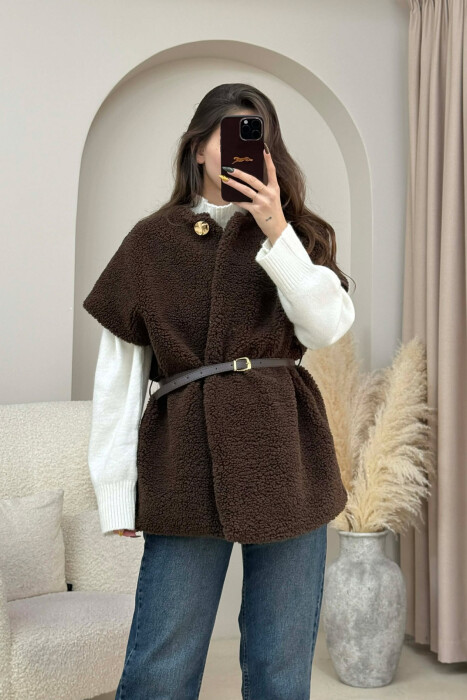 BELT DETAIL FLUFFY WOMEN CAPE COAT DARK BROWN/KAE - 1