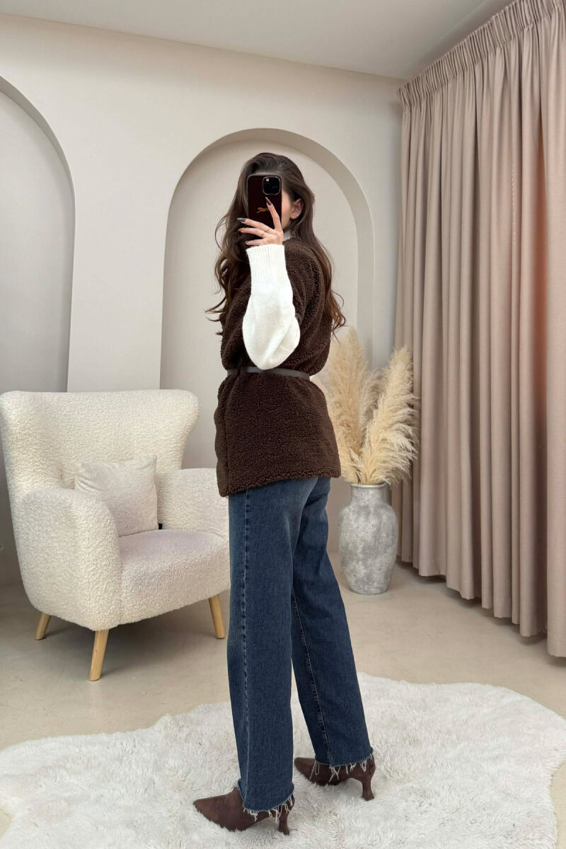 BELT DETAIL FLUFFY WOMEN CAPE COAT DARK BROWN/KAE - 4