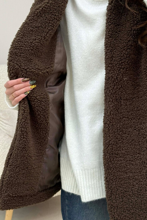 BELT DETAIL FLUFFY WOMEN CAPE COAT DARK BROWN/KAE - 5