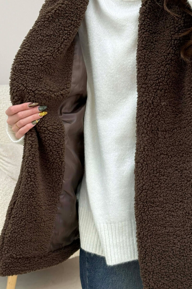 BELT DETAIL FLUFFY WOMEN CAPE COAT DARK BROWN/KAE - 5