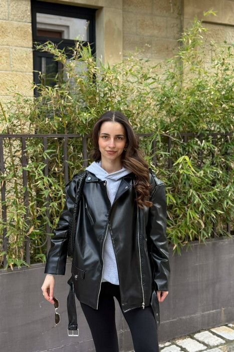 BELT DETAIL LEATHER WOMEN JACKET BLACK/ E ZEZE - 1