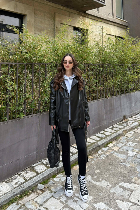 BELT DETAIL LEATHER WOMEN JACKET BLACK/ E ZEZE - 2