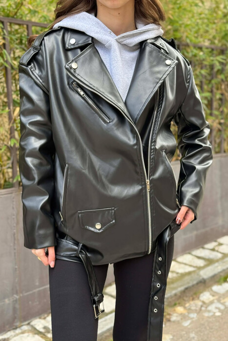 BELT DETAIL LEATHER WOMEN JACKET BLACK/ E ZEZE - 3