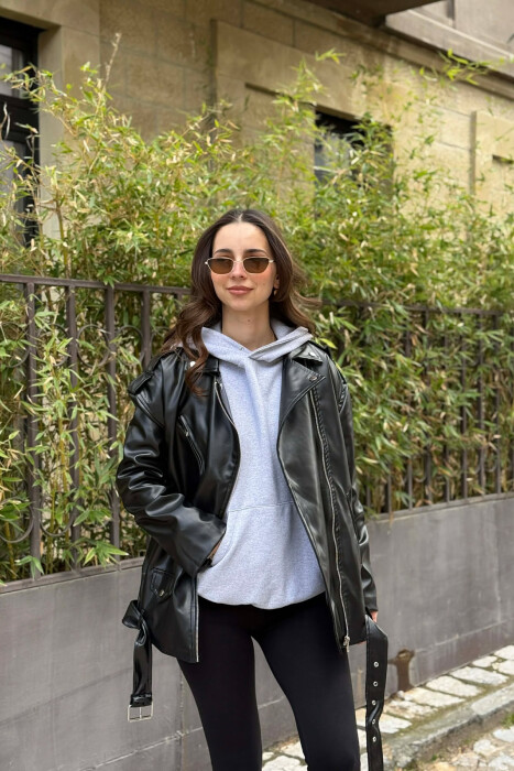 BELT DETAIL LEATHER WOMEN JACKET BLACK/ E ZEZE - 4