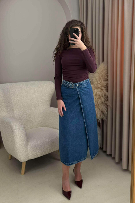 FUND I GJATË XHINS ME DETAJIN E RRIPIT PËR FEMRA NË NGJYRË BLU 