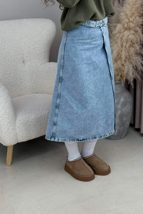 BELT DETAIL LONG DENIM WOMEN SKIRT LIGHTBLUE/BZ 