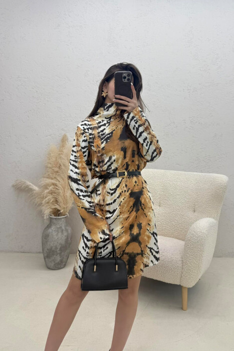 BELT DETAIL LONG SLEEVE WOMAN DRESS LEO/LEOPARD - KLAUDIO FASHION