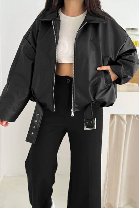 BELT DETAIL ONE COLOR LEATHER WOMEN JACKET BLACK/ E ZEZE - KLAUDIO FASHION