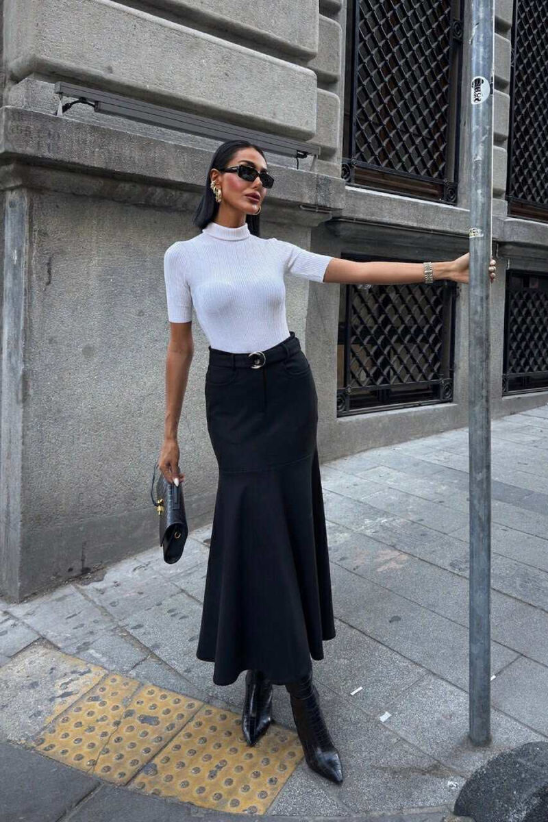 BELT DETAIL ONE COLOR LONG WOMEN SKIRT BLACK/ E ZEZE - 2