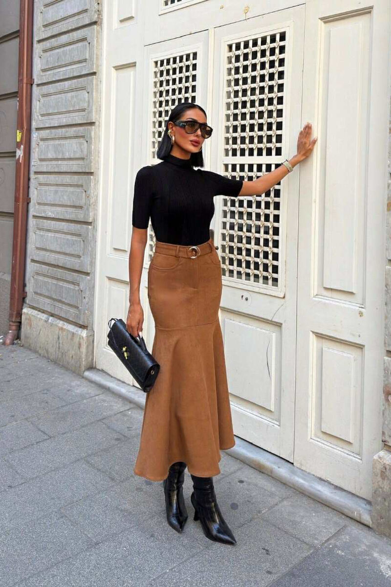 BELT DETAIL ONE COLOR LONG WOMEN SKIRT BROWN/KAFE - 3