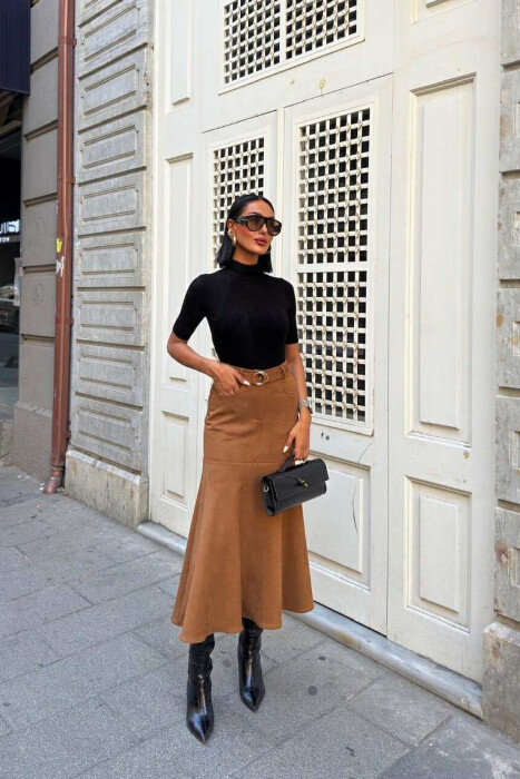 BELT DETAIL ONE COLOR LONG WOMEN SKIRT BROWN/KAFE - 4