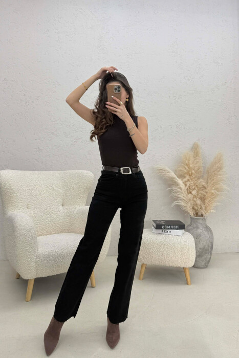 BELT DETAIL ONE COLOR WOMEN JEANS BLACK/ E ZEZE - KLAUDIO FASHION