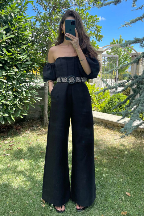 BELT DETAIL ONE COLOR WOMEN JUMPSUIT BLACK/ E ZEZE - KLAUDIO FASHION