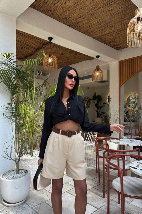 BELT DETAIL ONE COLOR WOMEN SHORT SWEATPANTS LIGHT BEIGE/BZHZB 