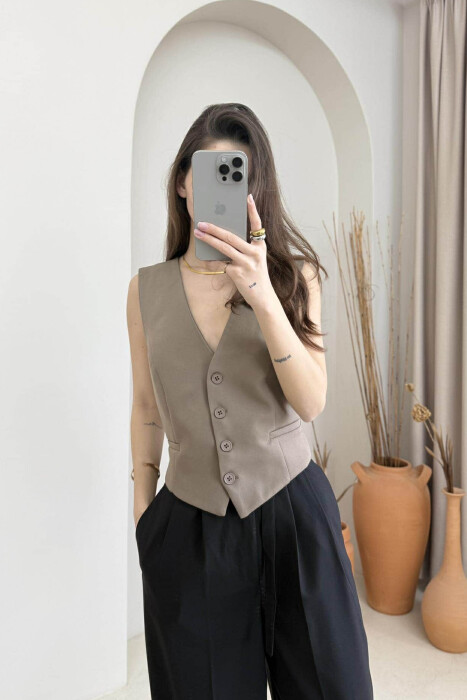 BELT DETAIL ONE COLOR WOMEN VEST LIGHT BROWN/KAZB - 2