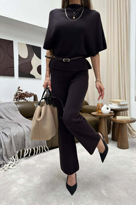 BELT DETAIL SWEATER +TROUSERS WOMAN SET BROWN/KAFE - 3