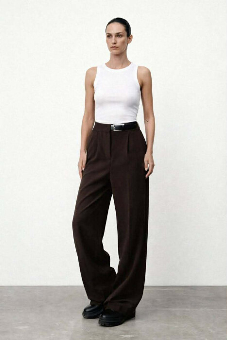 BELT DETAIL WIDE LEG WOMAN TROUSERS BROWN/KAFE 