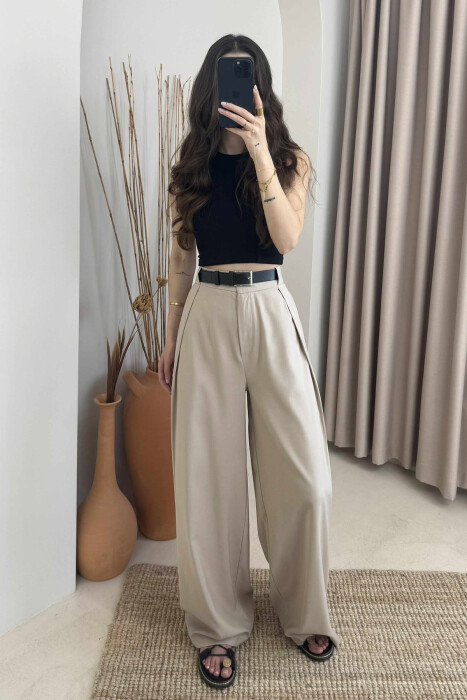 BELT DETAIL WIDE LEG WOMEN TROUSERS BEIGE/BEZHE - 1