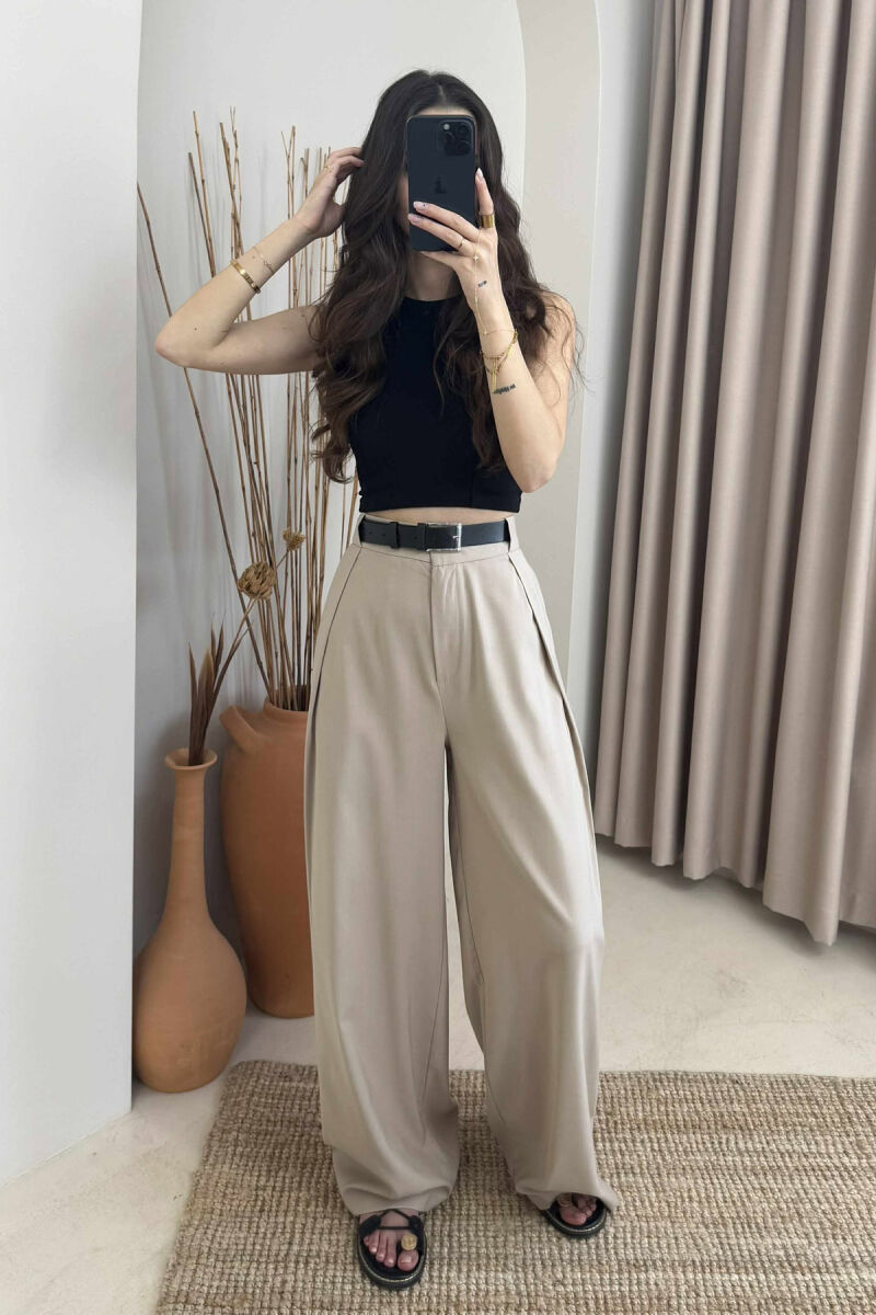 BELT DETAIL WIDE LEG WOMEN TROUSERS BEIGE/BEZHE - 2