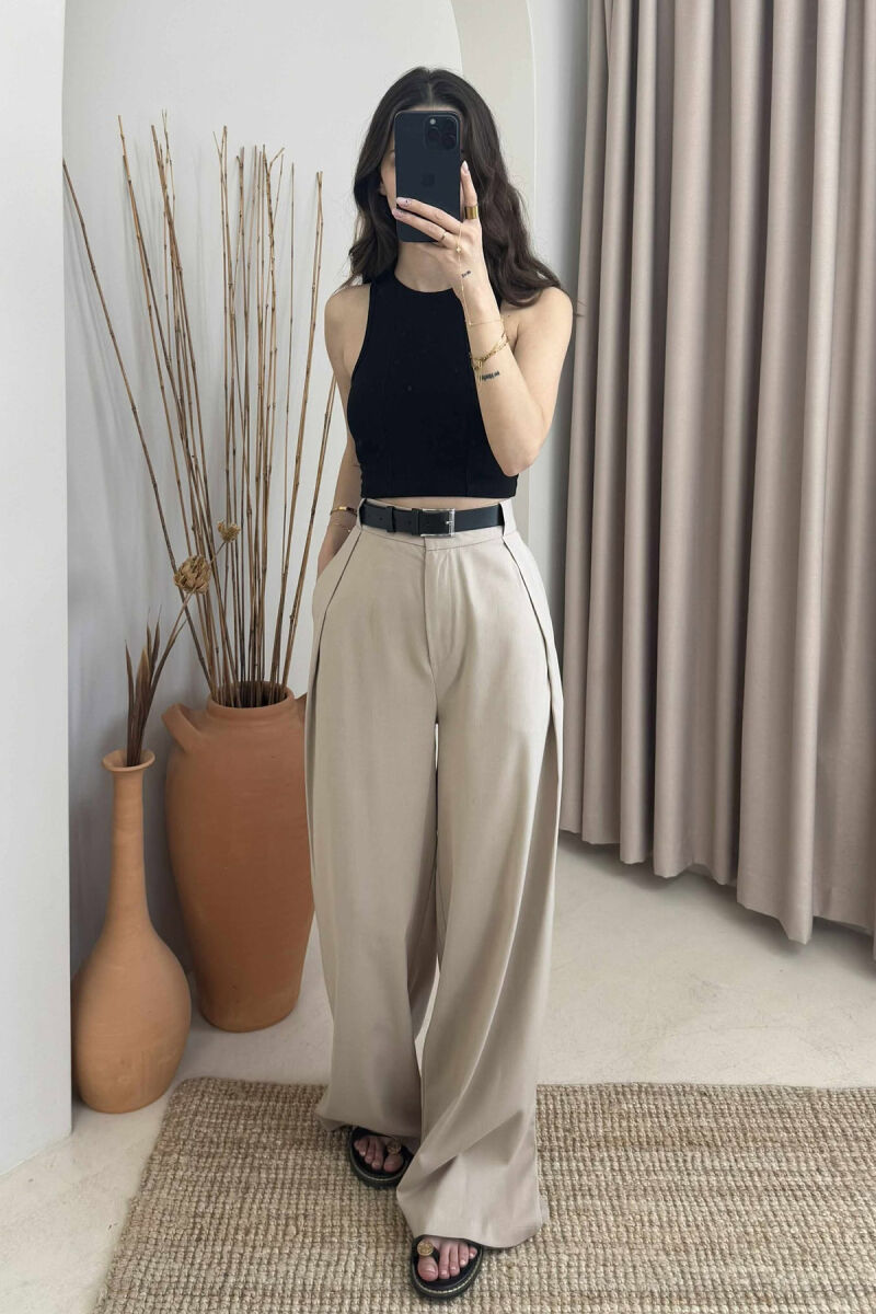 BELT DETAIL WIDE LEG WOMEN TROUSERS BEIGE/BEZHE - 3