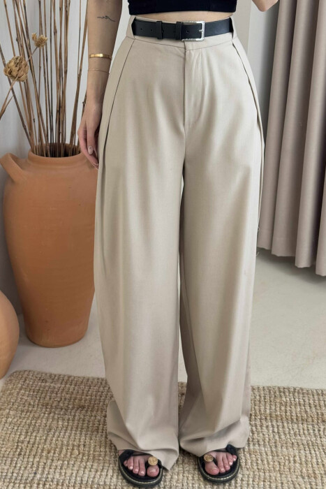 BELT DETAIL WIDE LEG WOMEN TROUSERS BEIGE/BEZHE - 4
