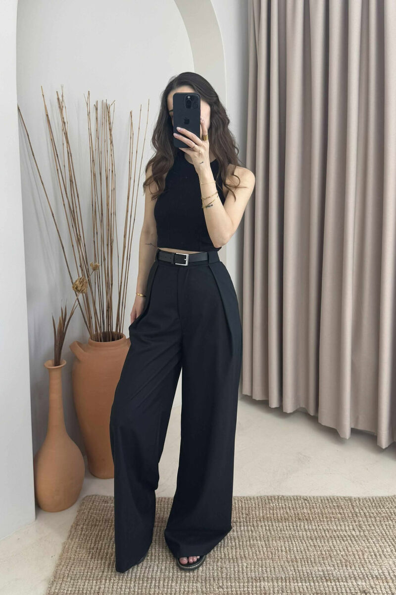 BELT DETAIL WIDE LEG WOMEN TROUSERS BLACK/ E ZEZE - 1