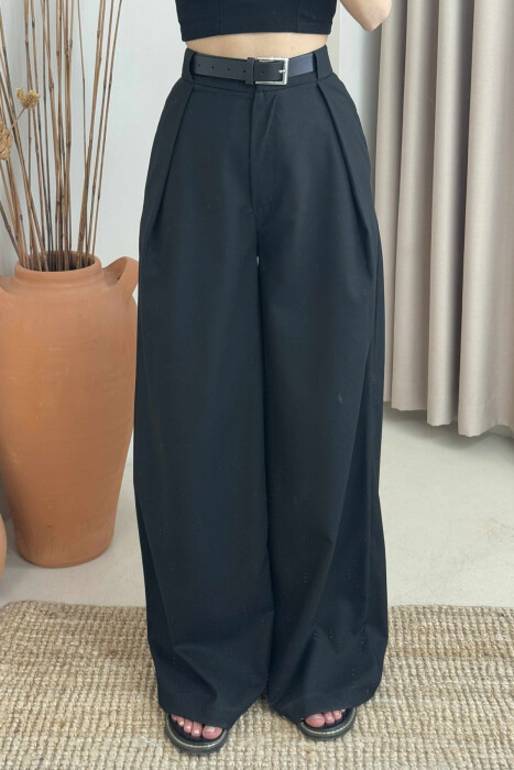 BELT DETAIL WIDE LEG WOMEN TROUSERS BLACK/ E ZEZE - 5