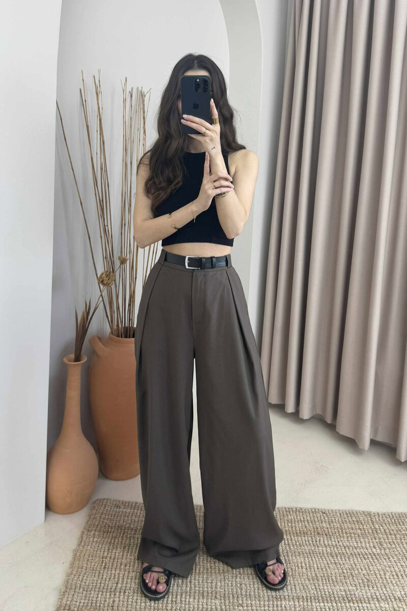 BELT DETAIL WIDE LEG WOMEN TROUSERS DARK GREEN/JEE - 1