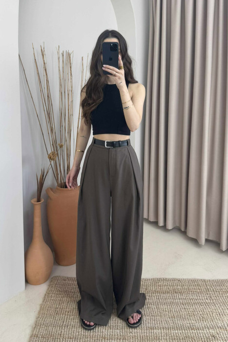 BELT DETAIL WIDE LEG WOMEN TROUSERS DARK GREEN/JEE - 2