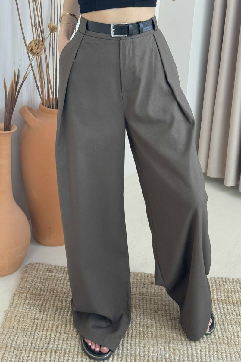 BELT DETAIL WIDE LEG WOMEN TROUSERS DARK GREEN/JEE - 3