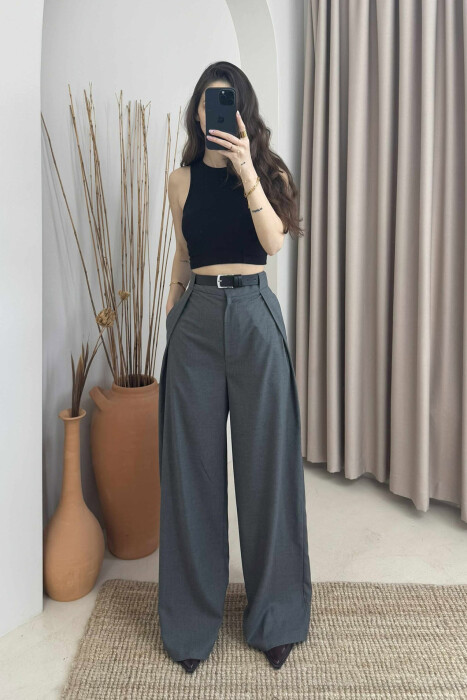 BELT DETAIL WIDE LEG WOMEN TROUSERS GREY/GRI 