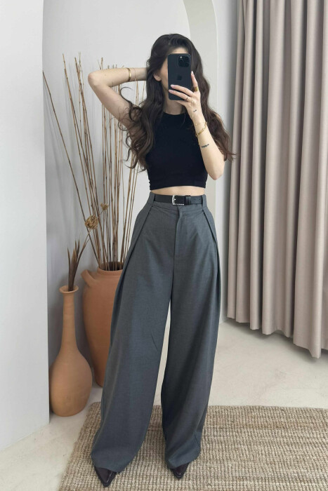 BELT DETAIL WIDE LEG WOMEN TROUSERS GREY/GRI - 2