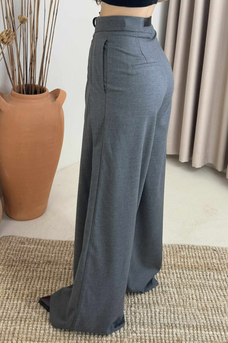 BELT DETAIL WIDE LEG WOMEN TROUSERS GREY/GRI - 4
