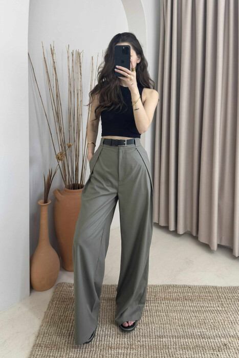 BELT DETAIL WIDE LEG WOMEN TROUSERS OLIVE/ULLI 