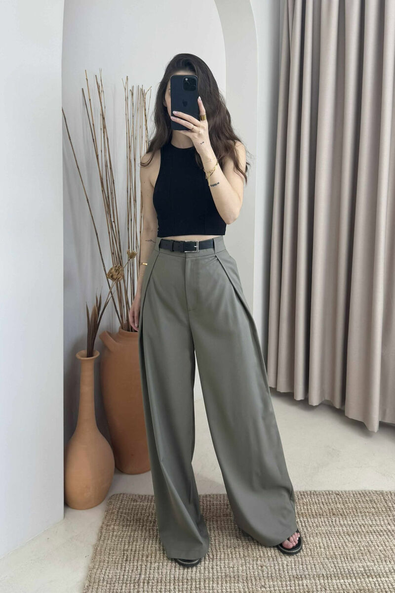 BELT DETAIL WIDE LEG WOMEN TROUSERS OLIVE/ULLI - 3