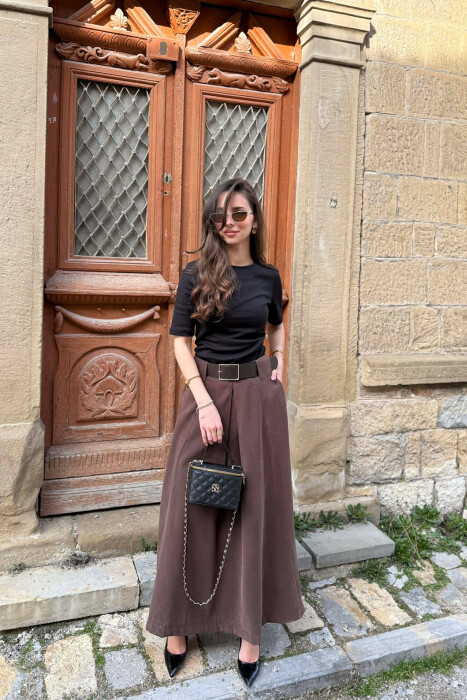 BELT DETAIL WOMAN SKIRT BROWN/KAFE - KLAUDIO FASHION