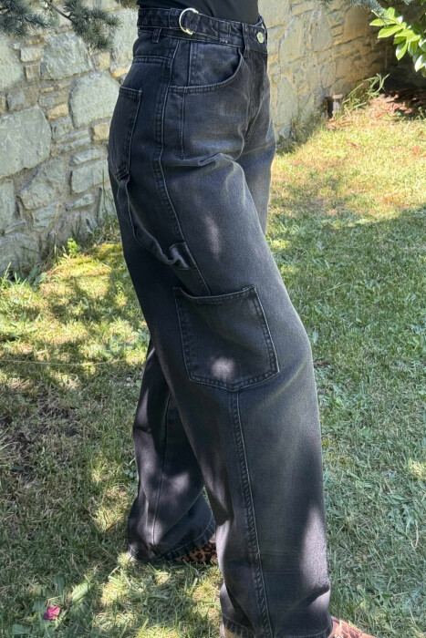 BELT DETAILS BAGGY WOMEN JEANS BLACK/ E ZEZE - 3