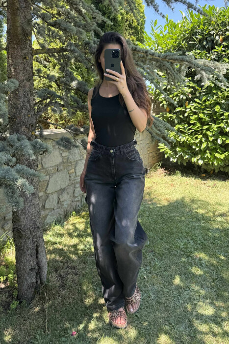 BELT DETAILS BAGGY WOMEN JEANS BLACK/ E ZEZE - 5